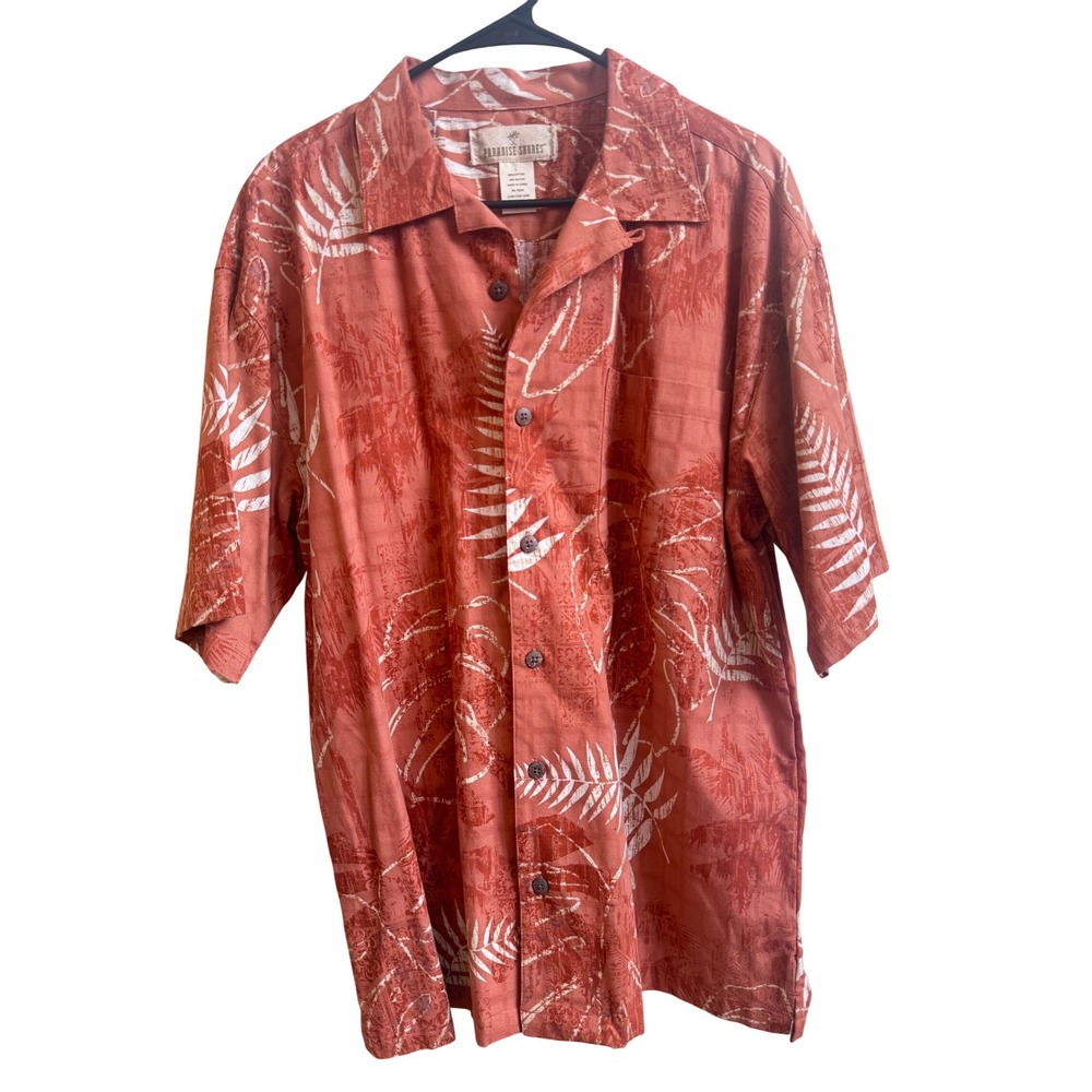 Paradise Shores Mens Tropical Leaf Camp Shirt Coral Terracotta L 815231